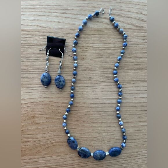 Handmade A+ Blue Jade and Silver Necklace and Earring Set - Picture 1 of 4